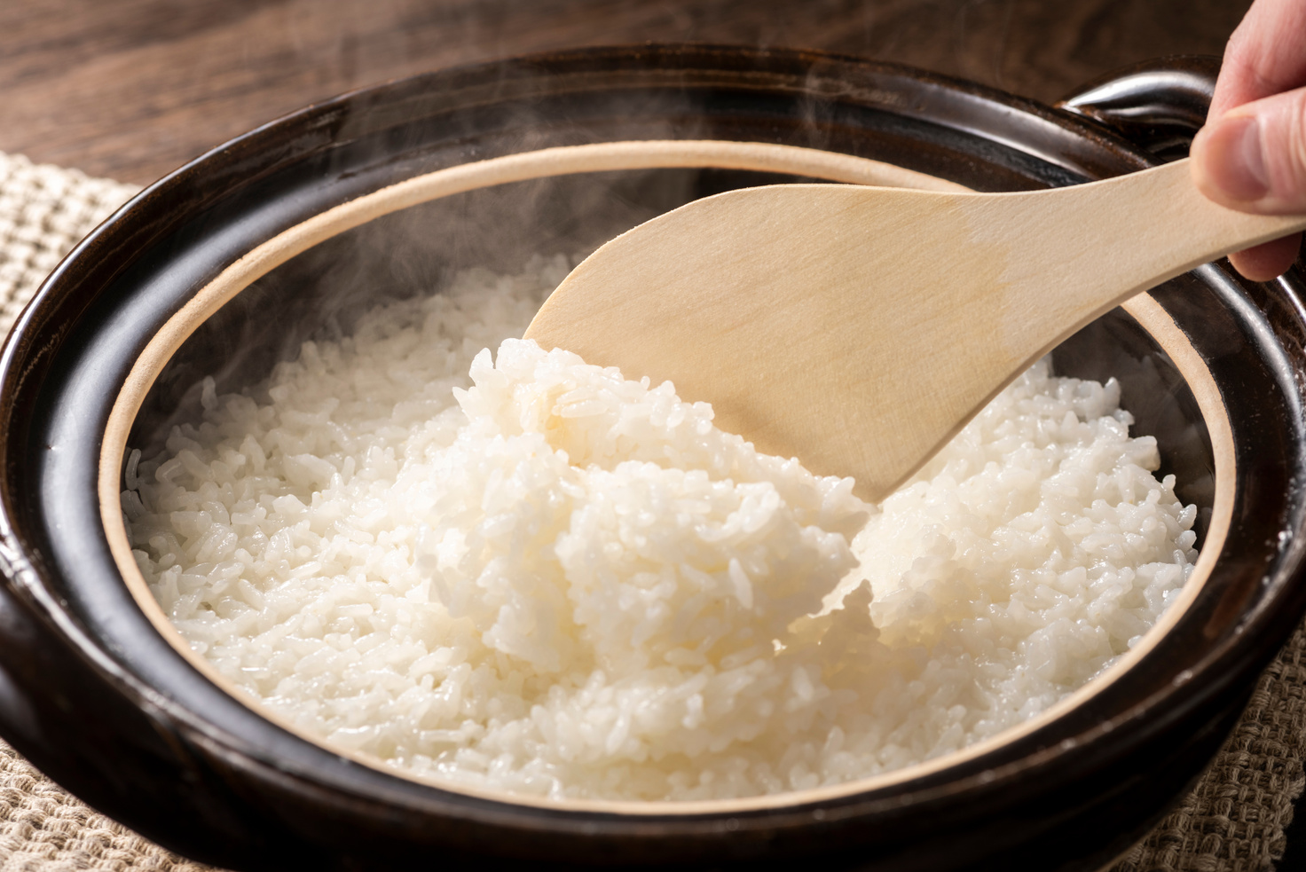 Cooked rice in a clay pot