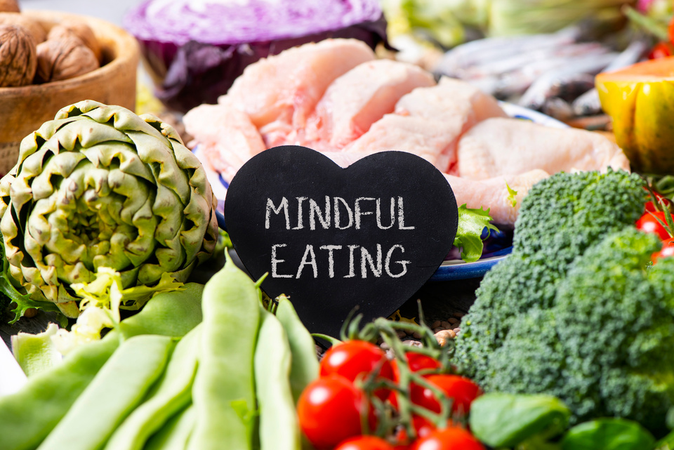 vegetables, chicken and text mindful eating